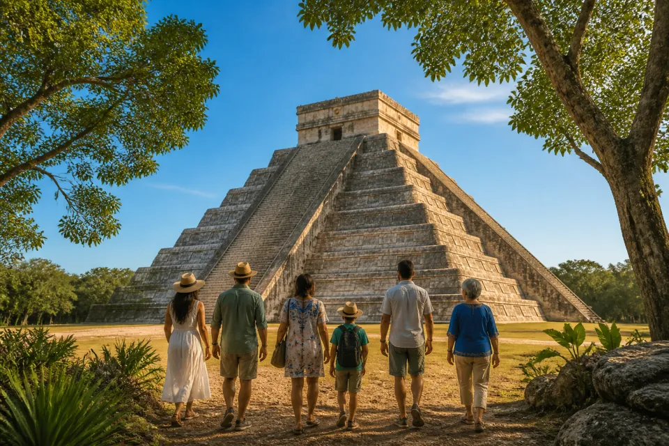 Travelers discovering the Maya heritage of Chichen Itza at sunrise