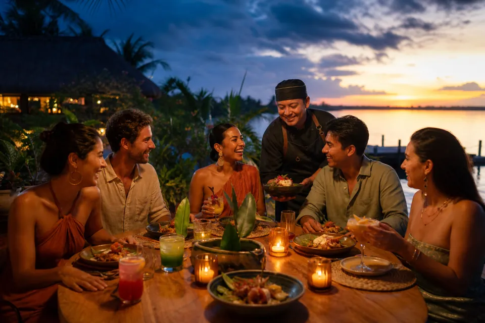 Colorful Mexican Caribbean dinner prepared beside the sea