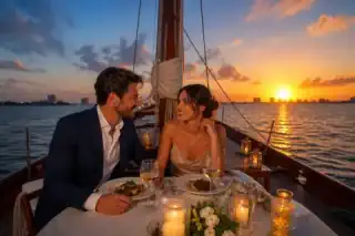 Couple sharing a sunset cruise on the Nichupte lagoon