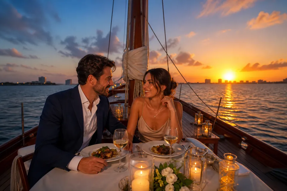 Couple sharing a sunset cruise on the Nichupte lagoon