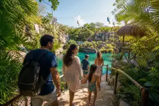 Travelers entering a lush Mexican Caribbean nature park