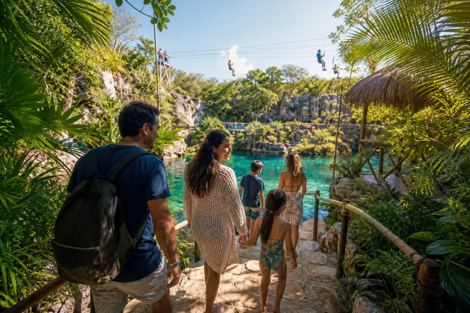 Travelers entering a lush Mexican Caribbean nature park